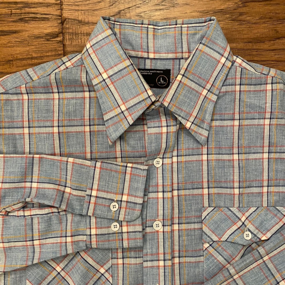 JCPenney Plaid Button Down Shirt Mens L Blue Vintage Long Sleeve Flap Pockets